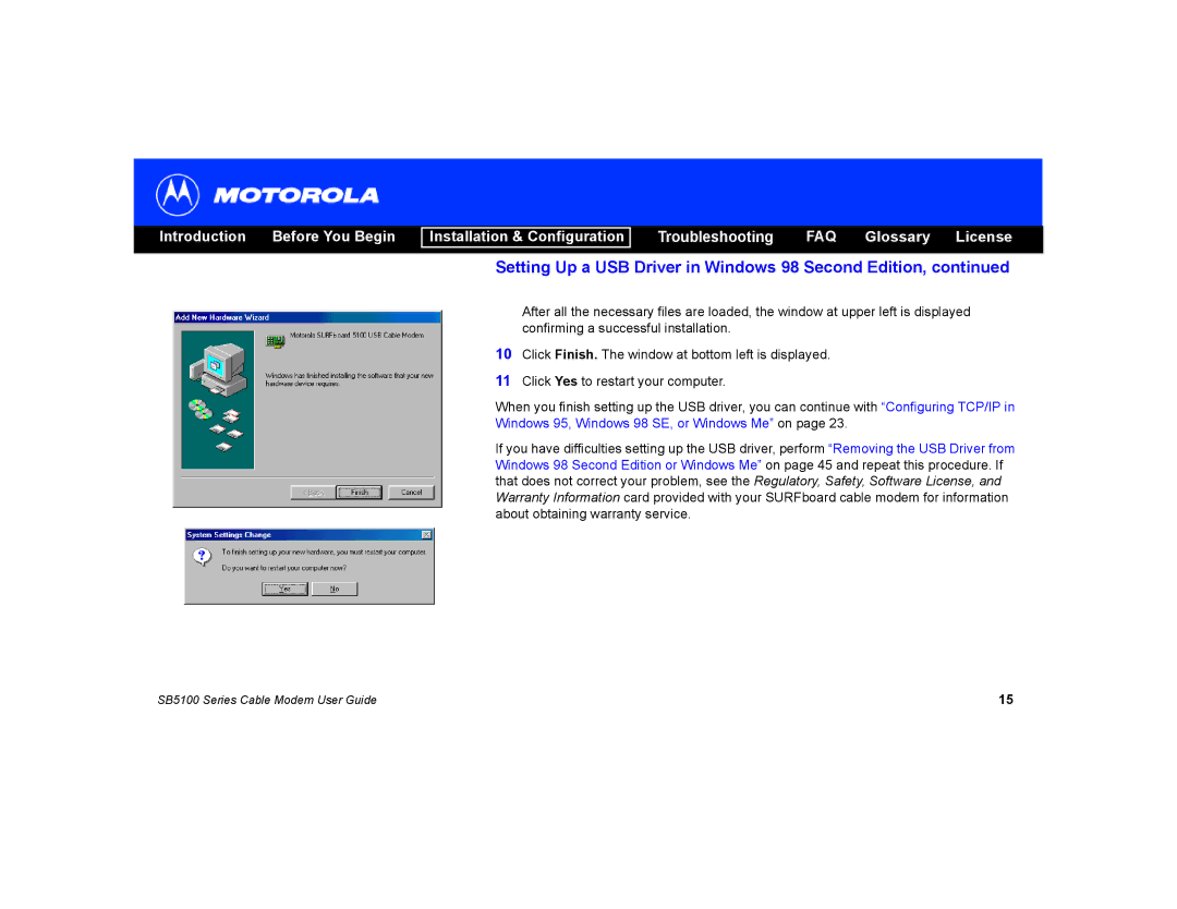 Motorola SB5100 manual Setting Up a USB Driver in Windows 98 Second Edition 