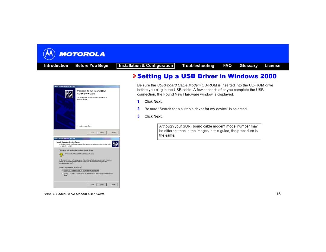 Motorola SB5100 manual Setting Up a USB Driver in Windows 