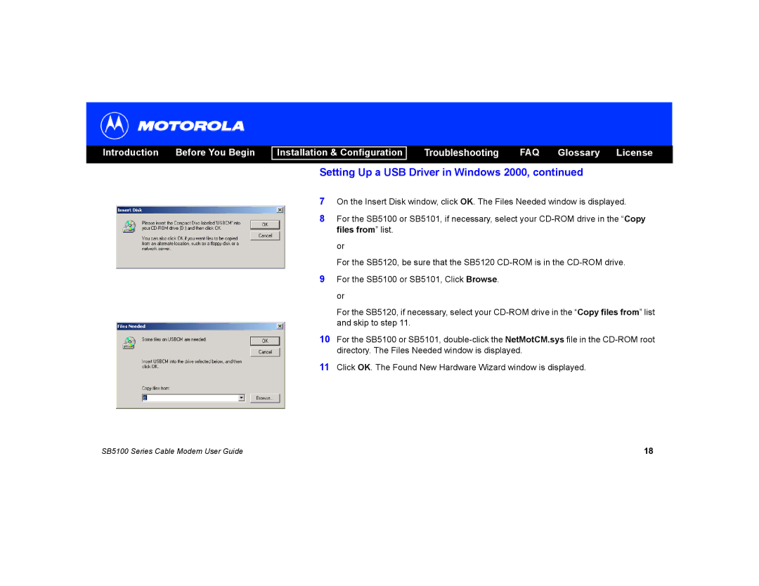 Motorola SB5100 manual Setting Up a USB Driver in Windows 