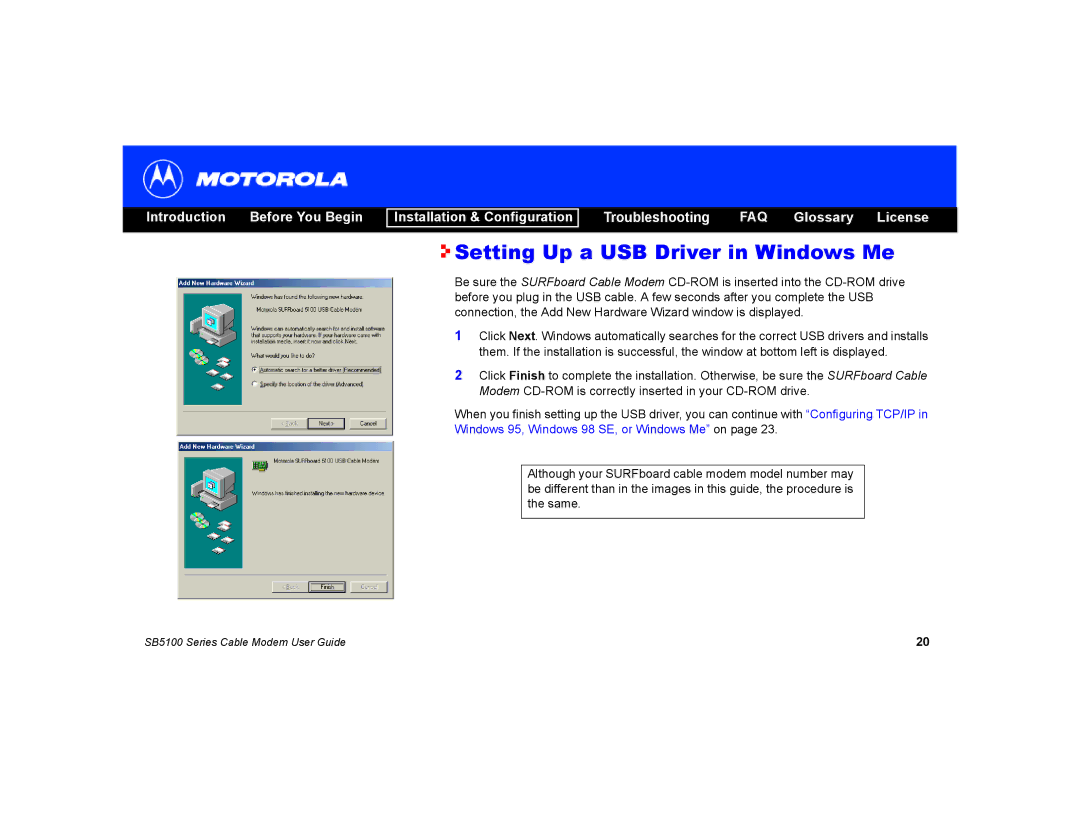 Motorola SB5100 manual Setting Up a USB Driver in Windows Me 