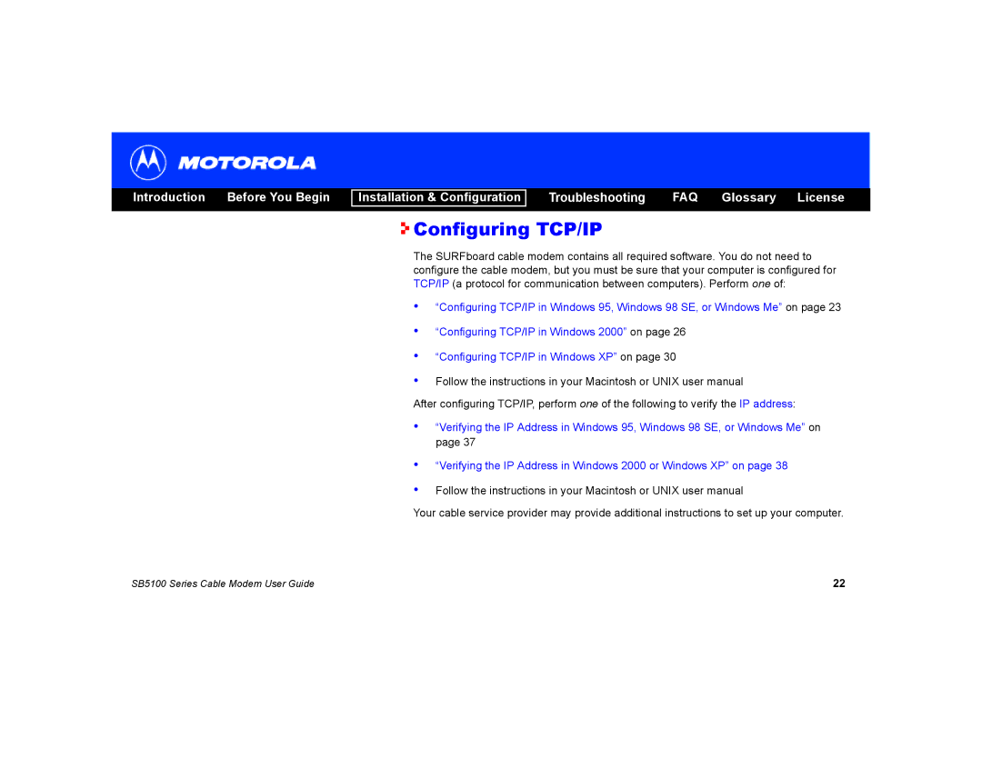 Motorola SB5100 manual Configuring TCP/IP 