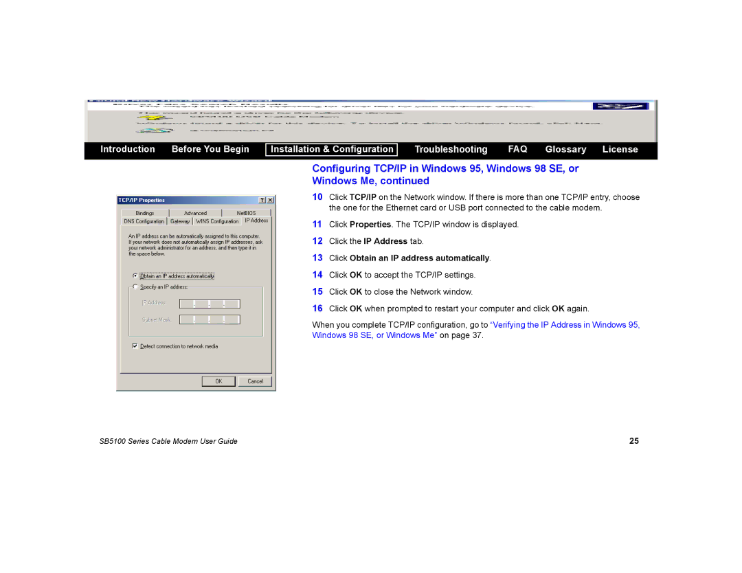 Motorola SB5100 manual Click Obtain an IP address automatically 