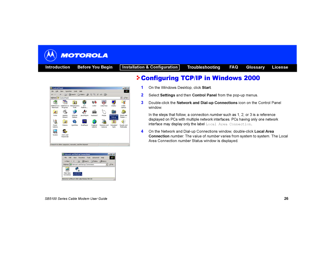 Motorola SB5100 manual Configuring TCP/IP in Windows 