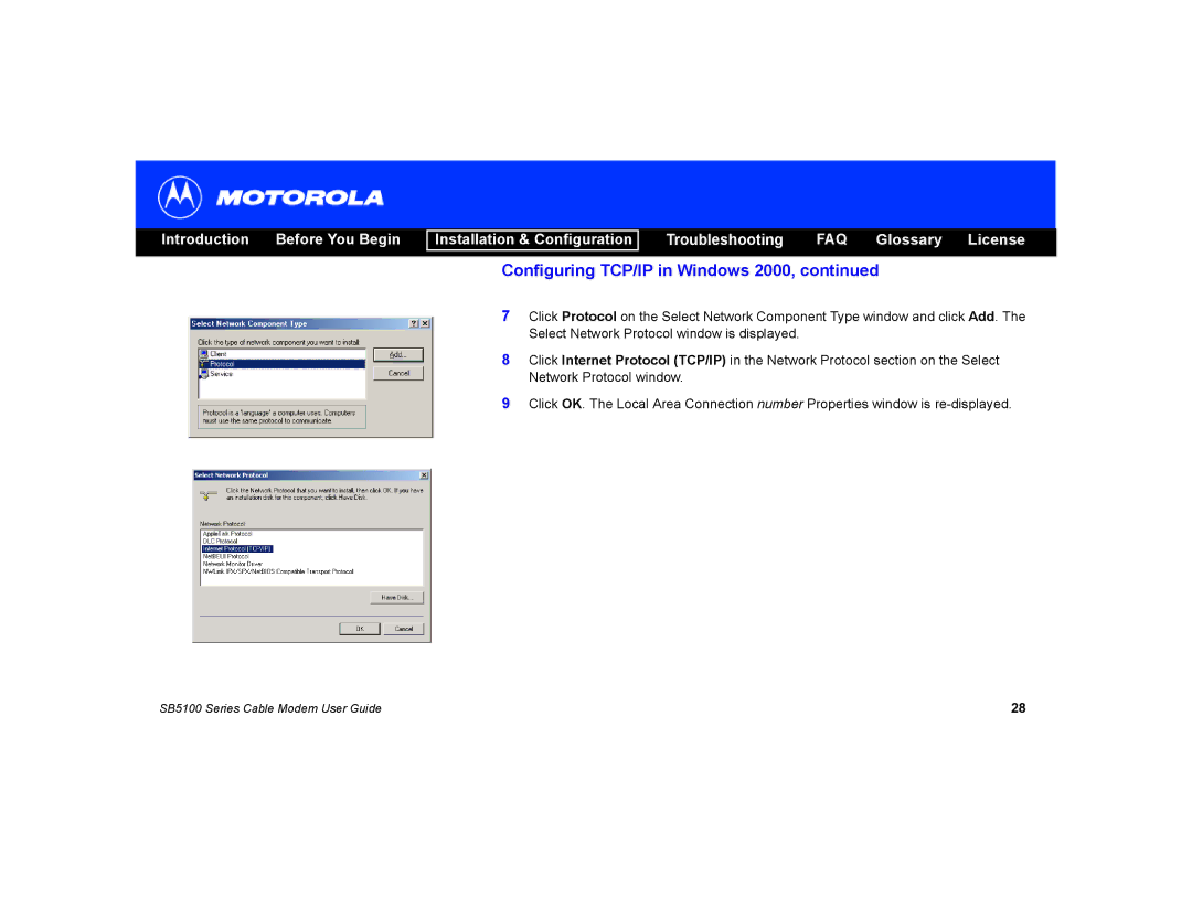 Motorola SB5100 manual Configuring TCP/IP in Windows 