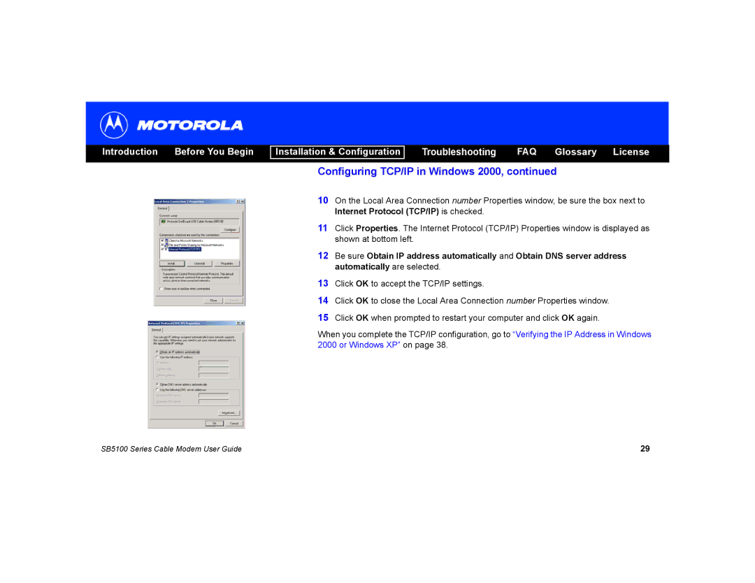 Motorola SB5100 manual Configuring TCP/IP in Windows 