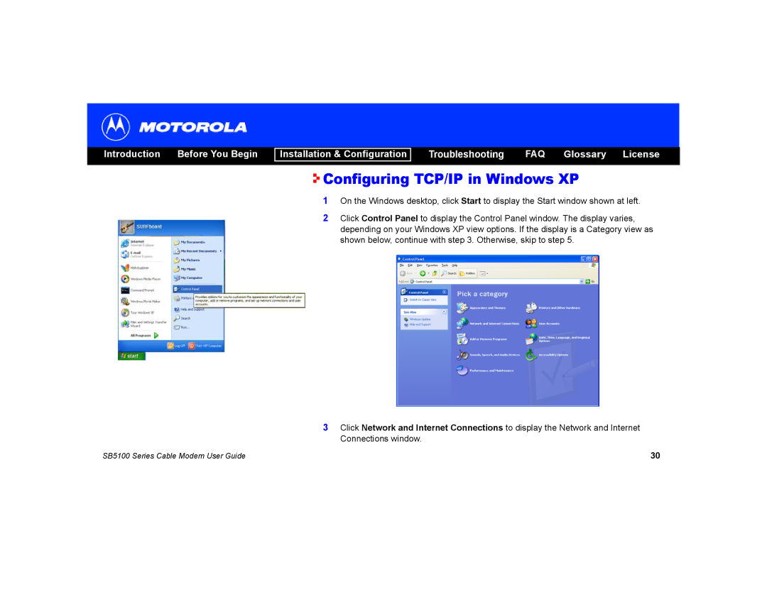 Motorola SB5100 manual Configuring TCP/IP in Windows XP 