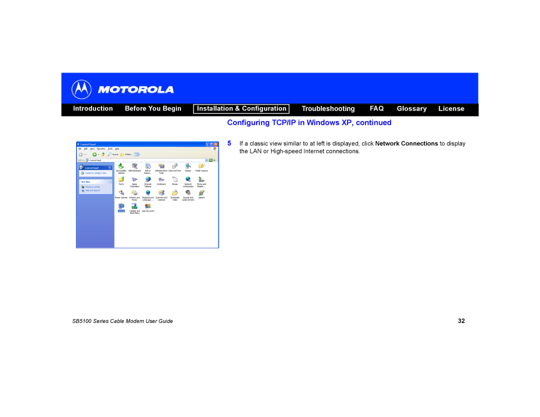 Motorola SB5100 manual Configuring TCP/IP in Windows XP 