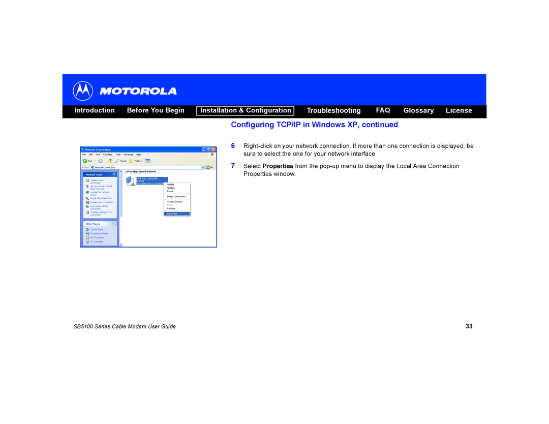 Motorola SB5100 manual Configuring TCP/IP in Windows XP 