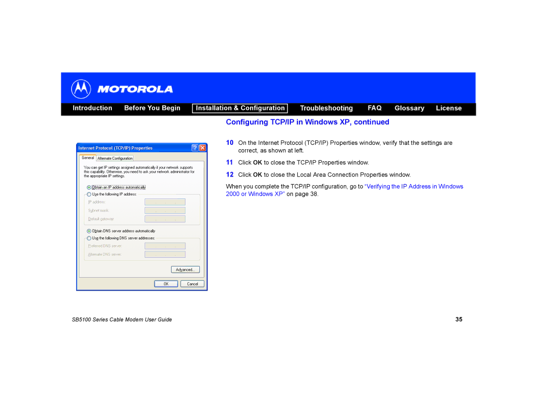 Motorola SB5100 manual Configuring TCP/IP in Windows XP 