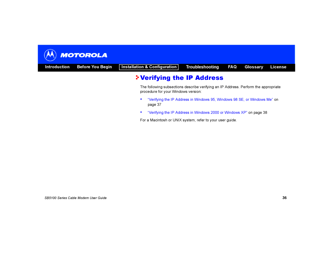 Motorola SB5100 manual Verifying the IP Address 