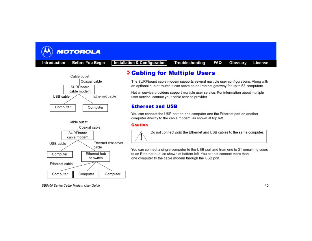 Motorola SB5100 manual Cabling for Multiple Users, Ethernet and USB 