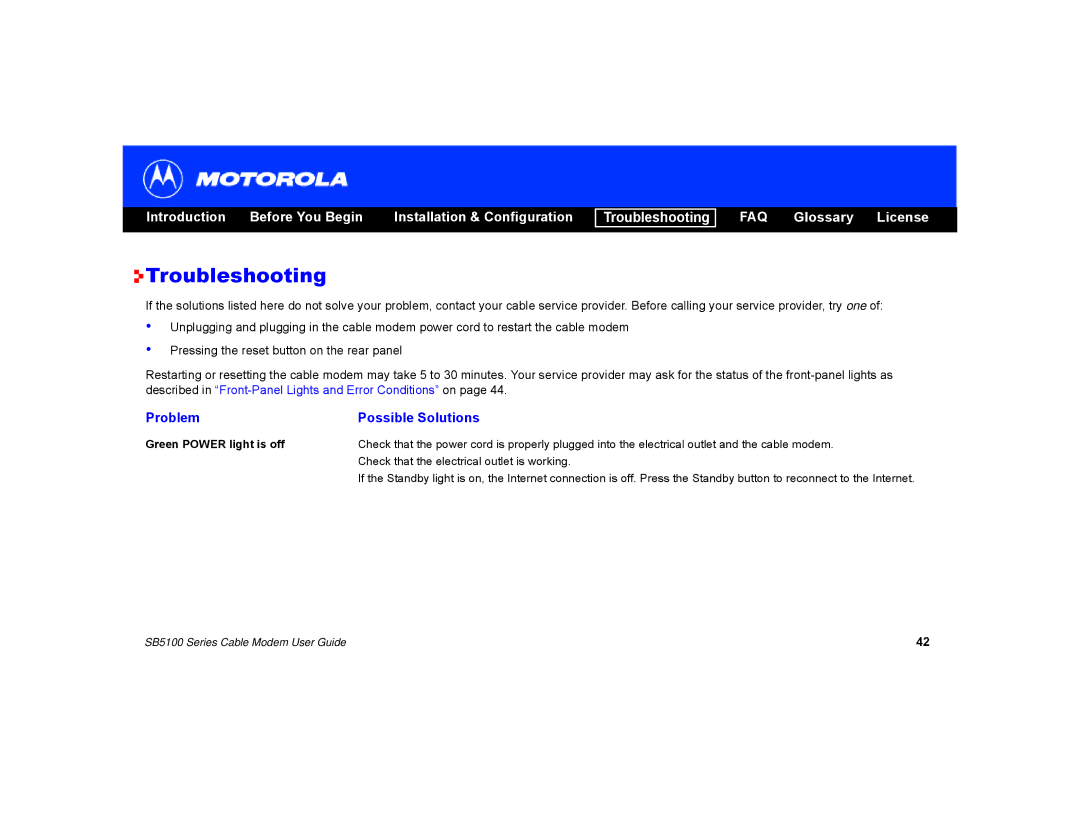 Motorola SB5100 manual Troubleshooting, Problem Possible Solutions 