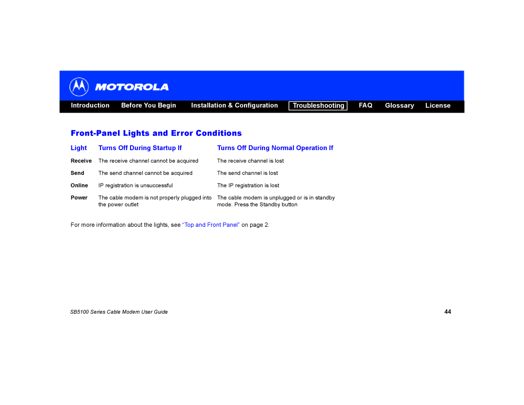 Motorola SB5100 manual Front-Panel Lights and Error Conditions 