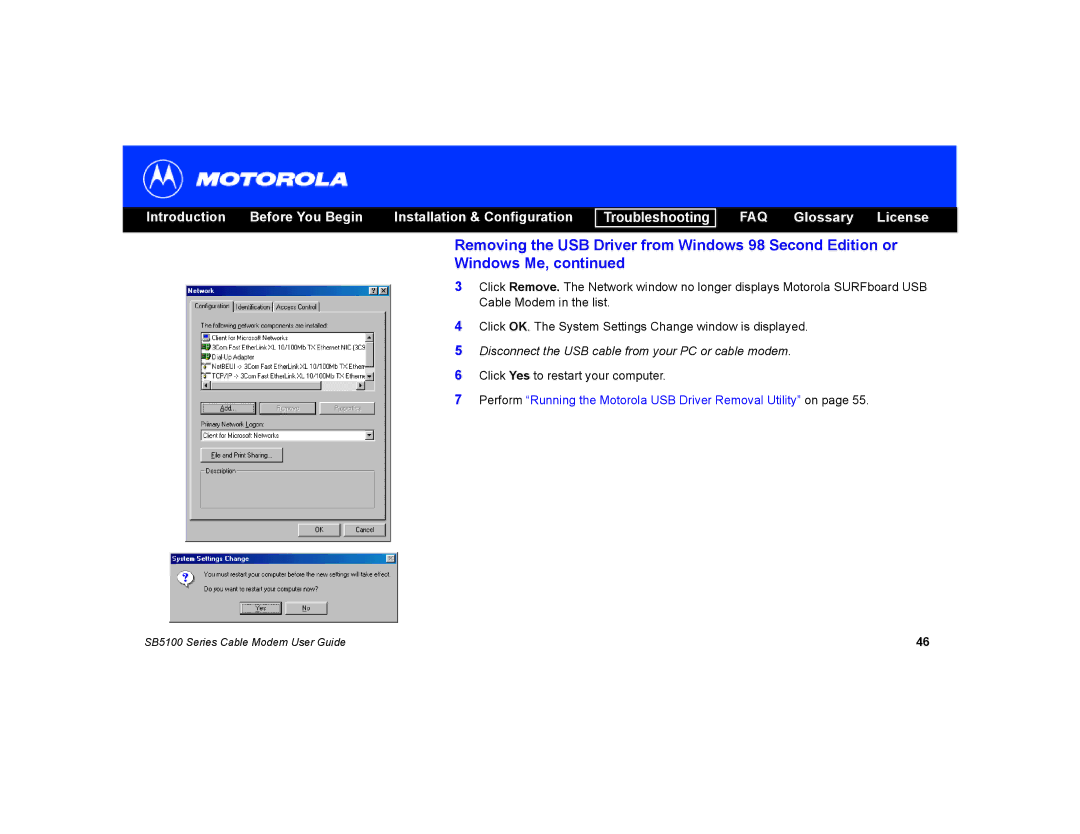 Motorola SB5100 manual Disconnect the USB cable from your PC or cable modem 