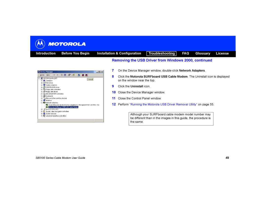 Motorola SB5100 manual Perform Running the Motorola USB Driver Removal Utility on 