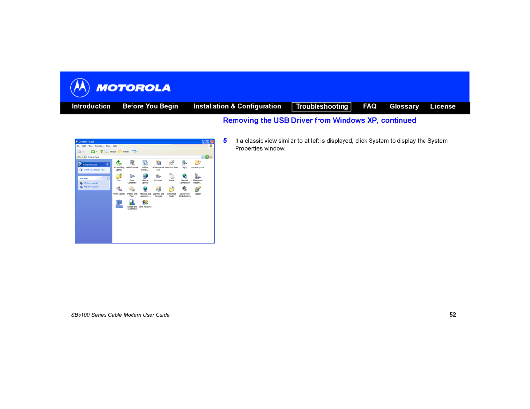 Motorola SB5100 manual Removing the USB Driver from Windows XP 