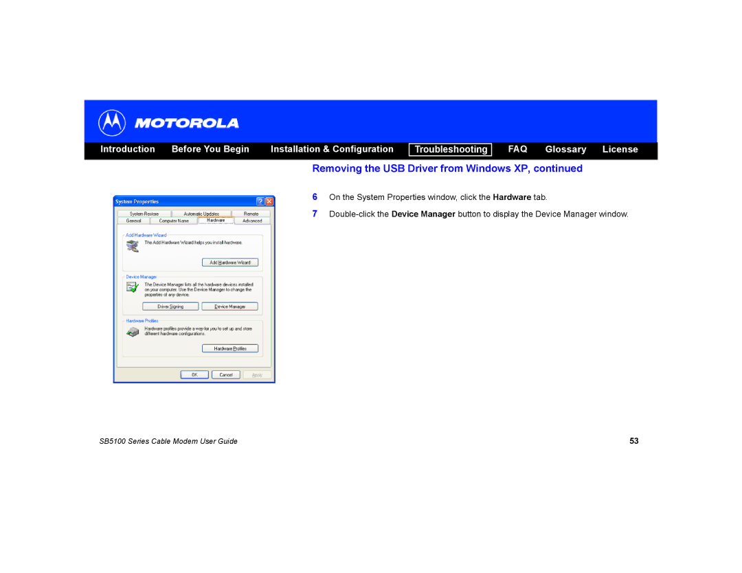 Motorola SB5100 manual Removing the USB Driver from Windows XP 