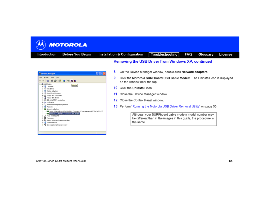 Motorola SB5100 manual Perform Running the Motorola USB Driver Removal Utility on 