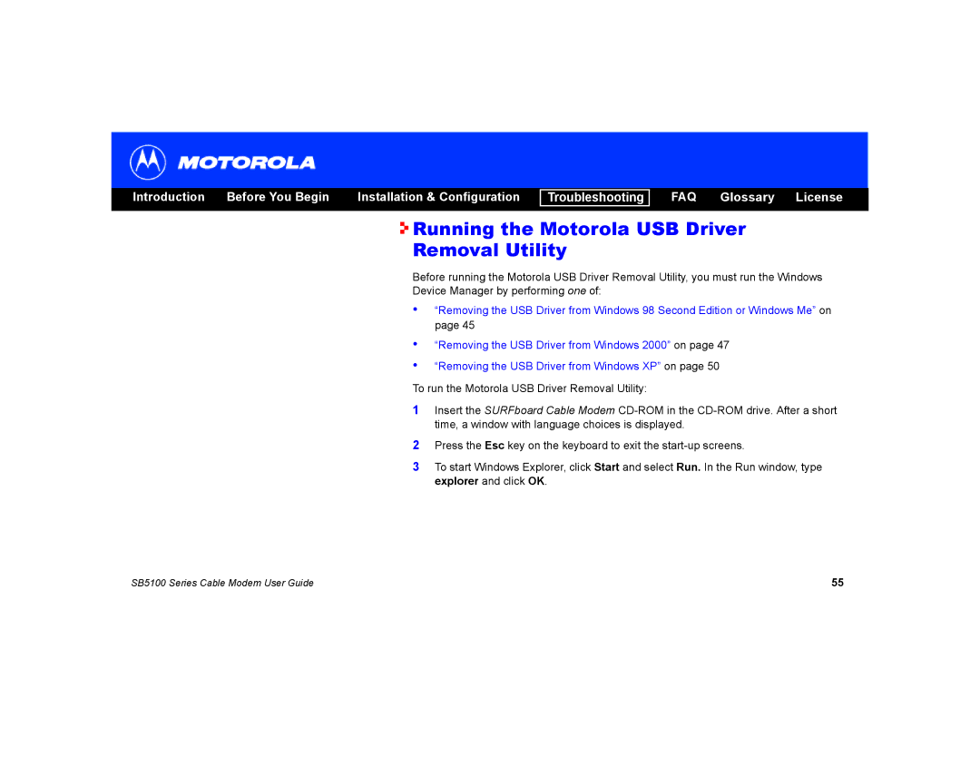 Motorola SB5100 manual Running the Motorola USB Driver Removal Utility 