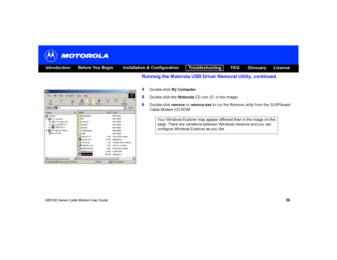 Motorola SB5100 manual Running the Motorola USB Driver Removal Utility 