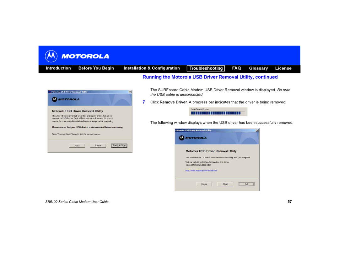 Motorola SB5100 manual Running the Motorola USB Driver Removal Utility 