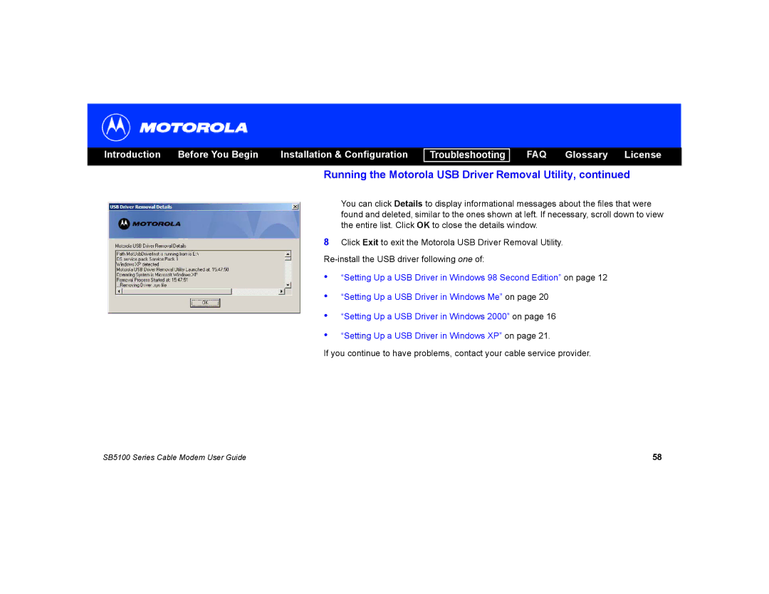 Motorola SB5100 manual Running the Motorola USB Driver Removal Utility 