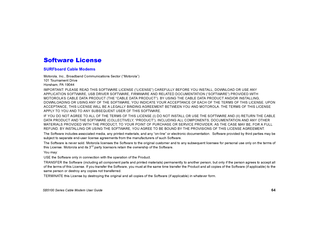 Motorola SB5100 manual Software License, SURFboard Cable Modems 