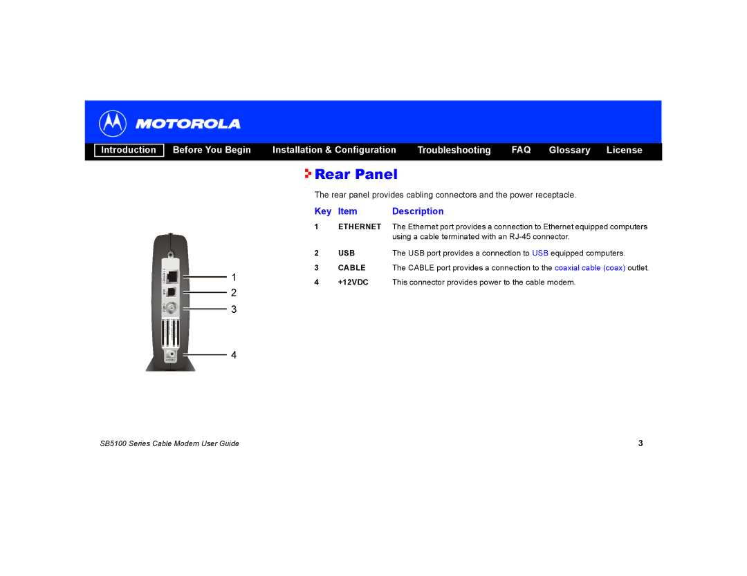 Motorola SB5100 manual Rear Panel, Key Item Description 