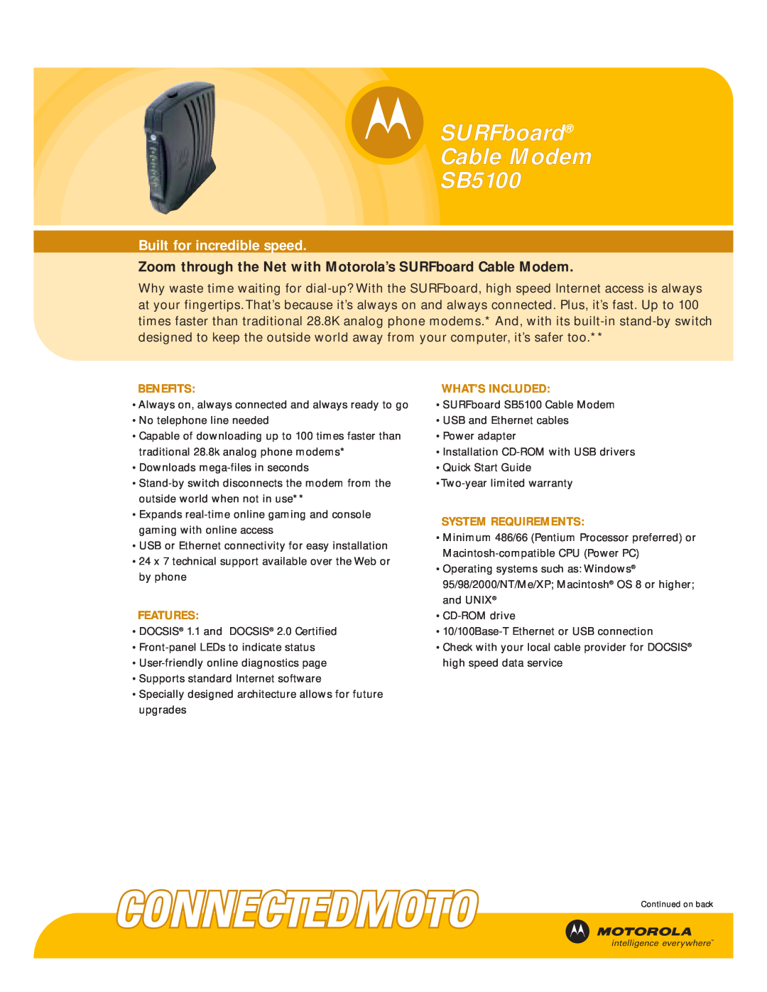 Motorola quick start SURFboard Cable Modem SB5100, Built for incredible speed, Benefits, Features, What’S Included 