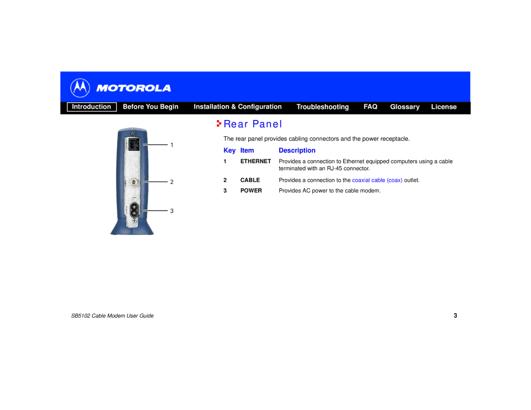 Motorola SB5102 manual Rear Panel, Key Item Description 