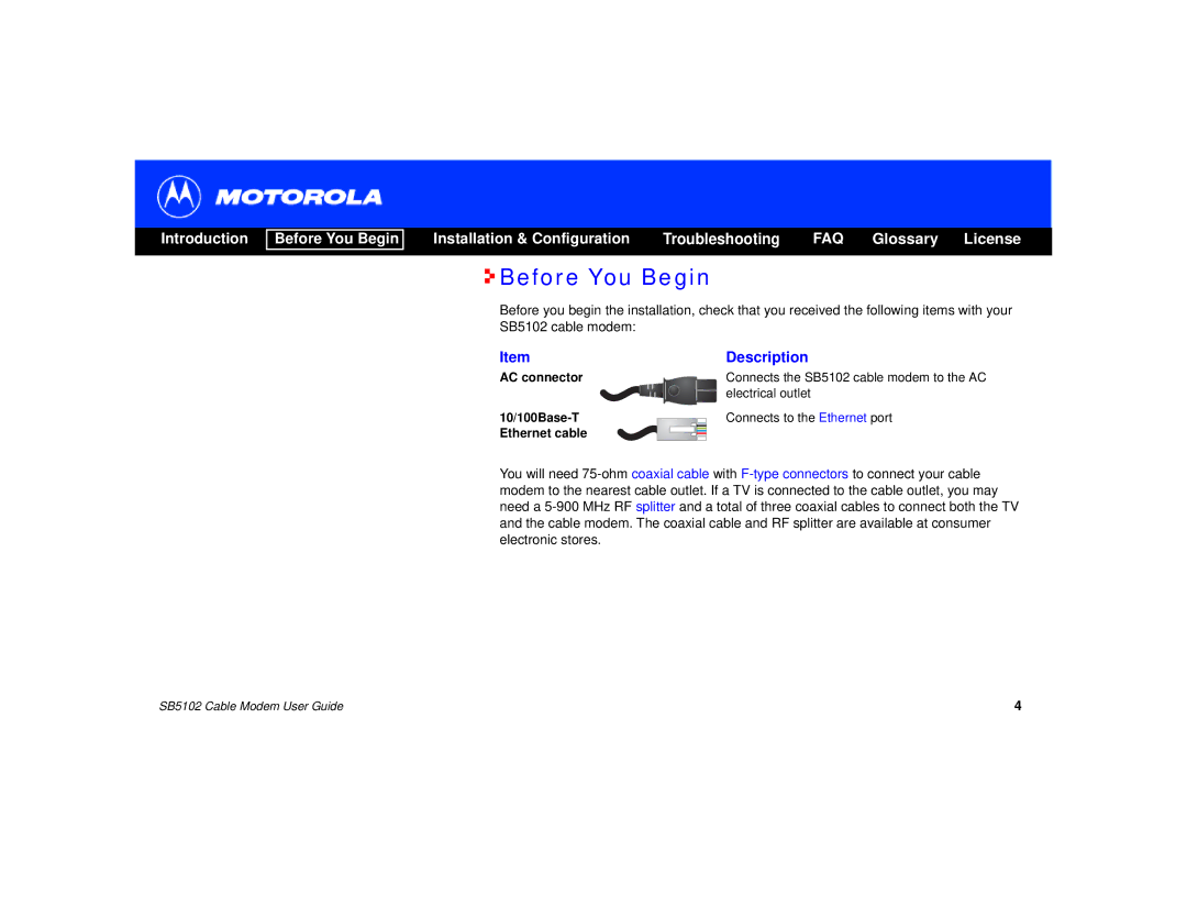 Motorola SB5102 manual Before You Begin, AC connector 10/100Base-T Ethernet cable 