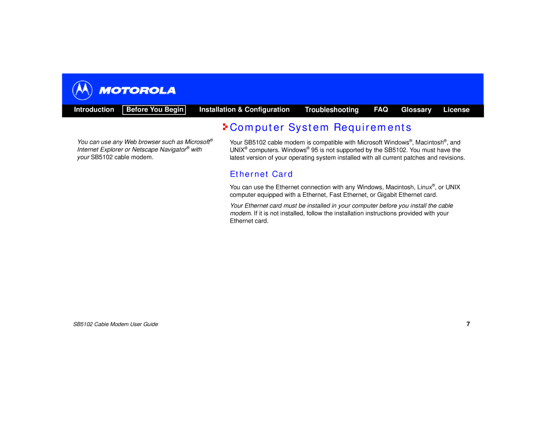 Motorola SB5102 manual Computer System Requirements, Ethernet Card 