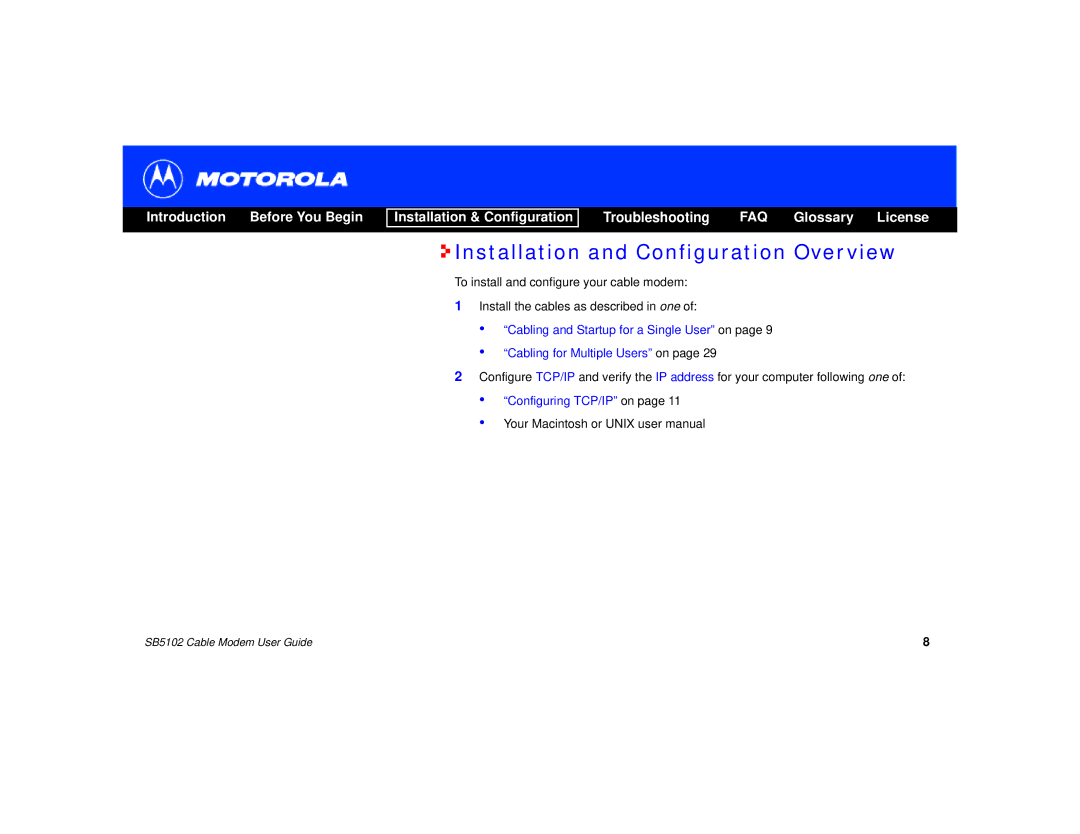 Motorola SB5102 manual Installation and Configuration Overview 