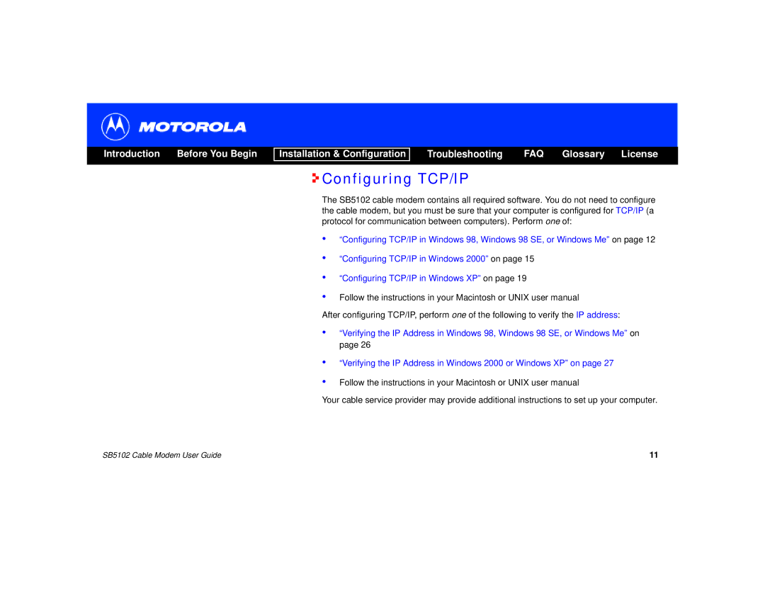 Motorola SB5102 manual Configuring TCP/IP 