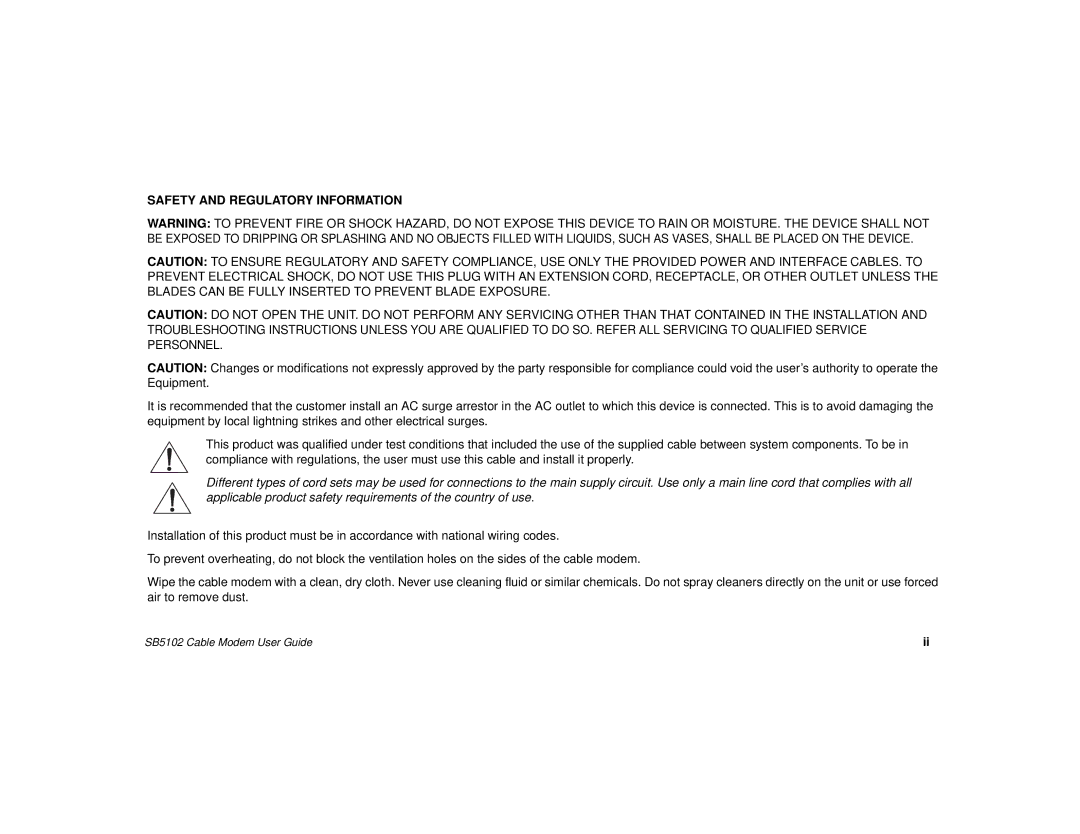 Motorola SB5102 manual Safety and Regulatory Information 