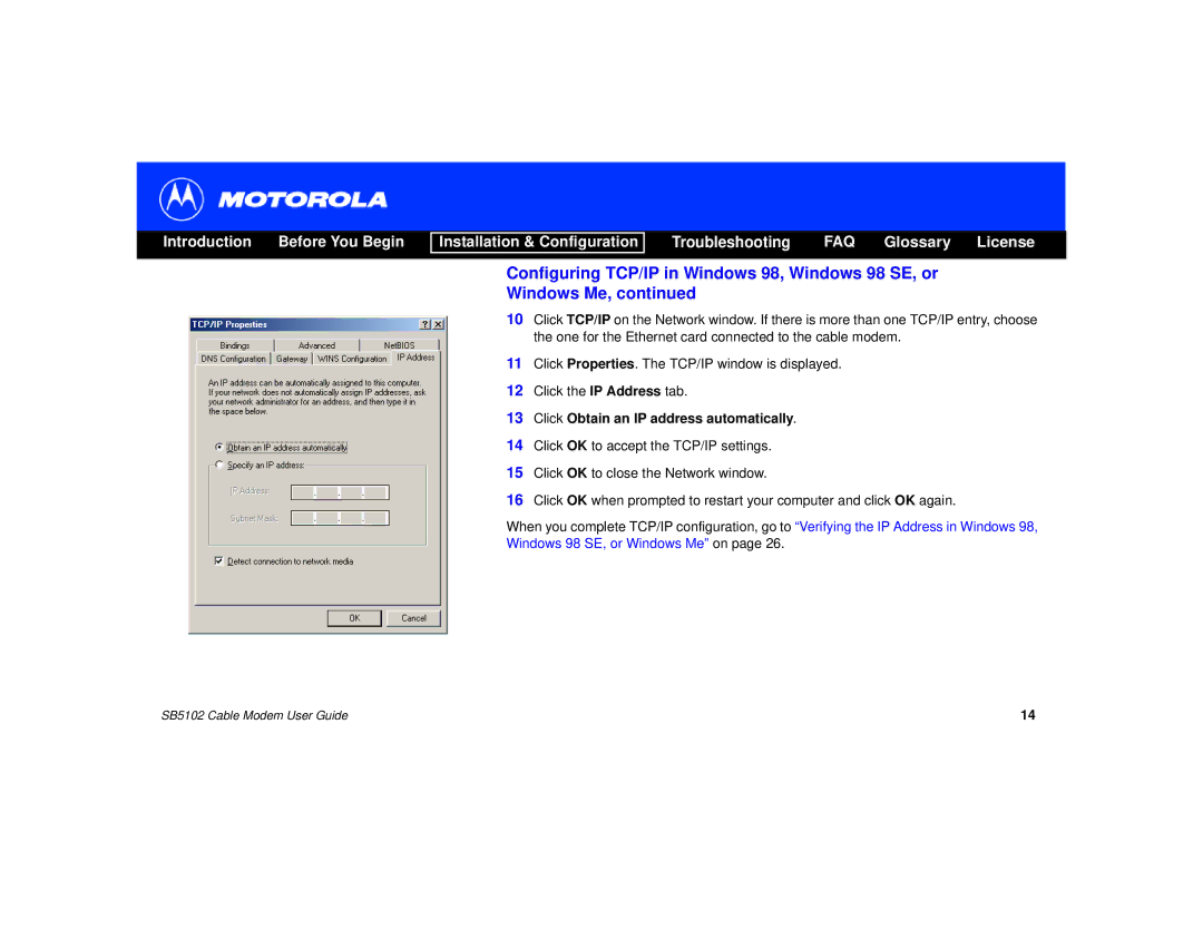 Motorola SB5102 manual Click Obtain an IP address automatically 