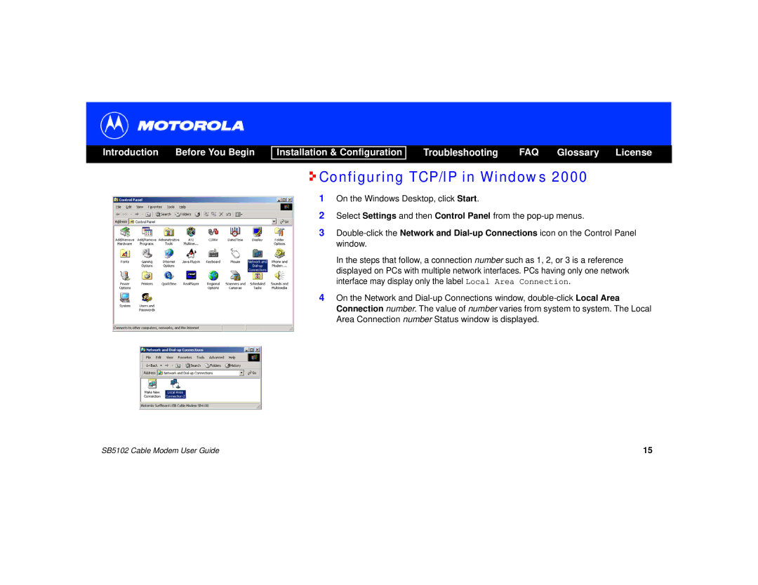 Motorola SB5102 manual Configuring TCP/IP in Windows 