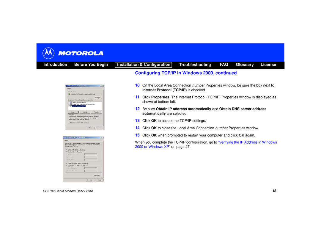 Motorola SB5102 manual Configuring TCP/IP in Windows 