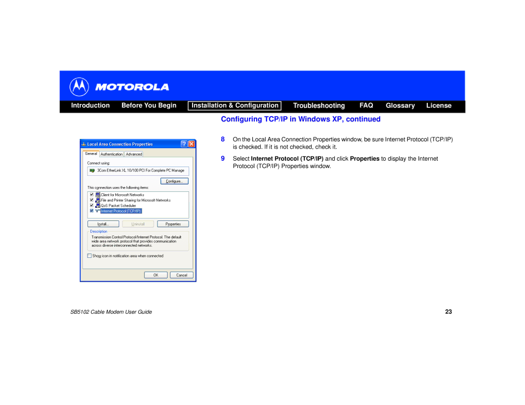 Motorola SB5102 manual Configuring TCP/IP in Windows XP 