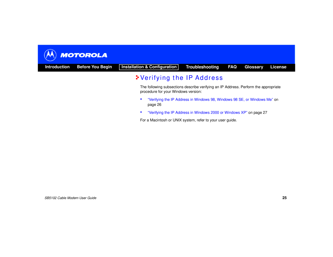 Motorola SB5102 manual Verifying the IP Address 