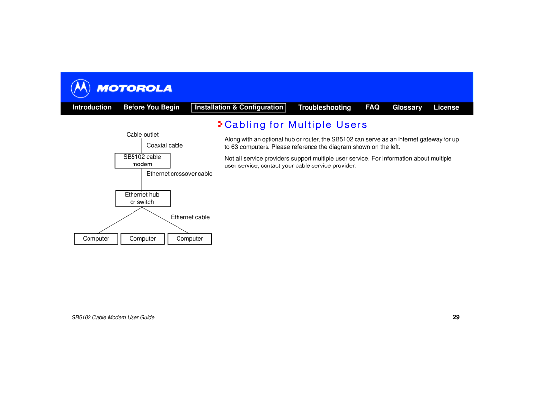 Motorola SB5102 manual Cabling for Multiple Users 