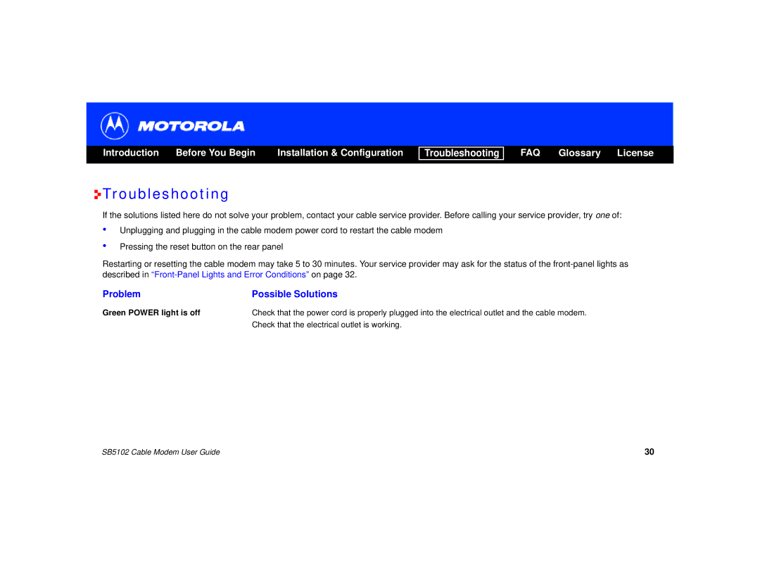 Motorola SB5102 manual Troubleshooting, Green Power light is off 