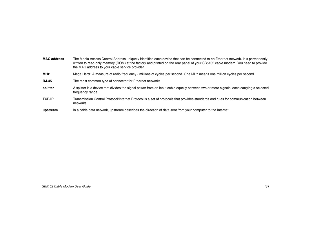 Motorola SB5102 manual MAC address, MHz, RJ-45, Splitter, Upstream 