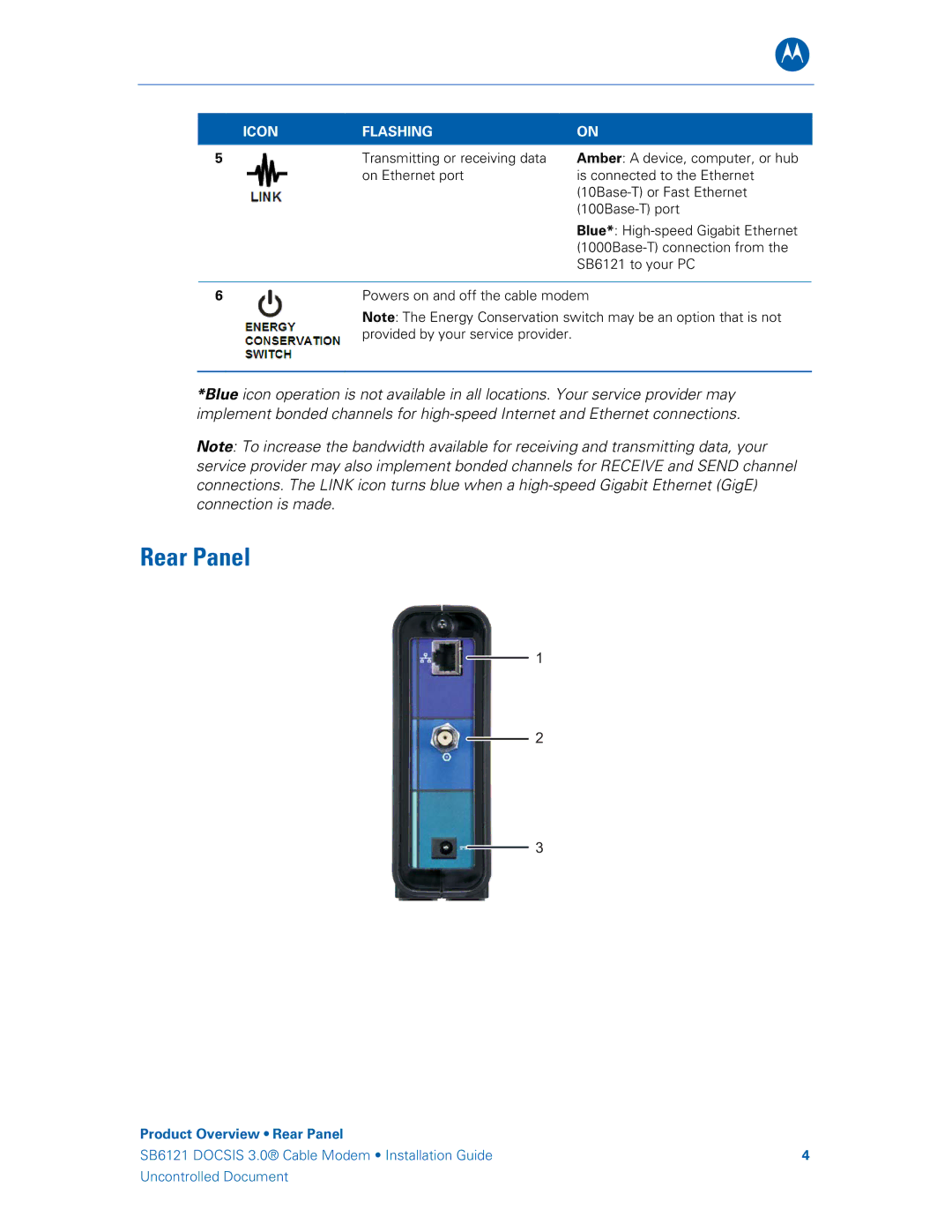 Motorola SB6121, 575319-019-00 manual Rear Panel 