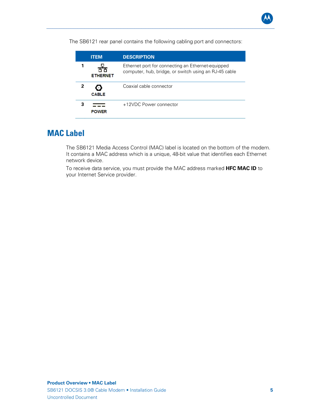 Motorola 575319-019-00, SB6121 manual MAC Label 