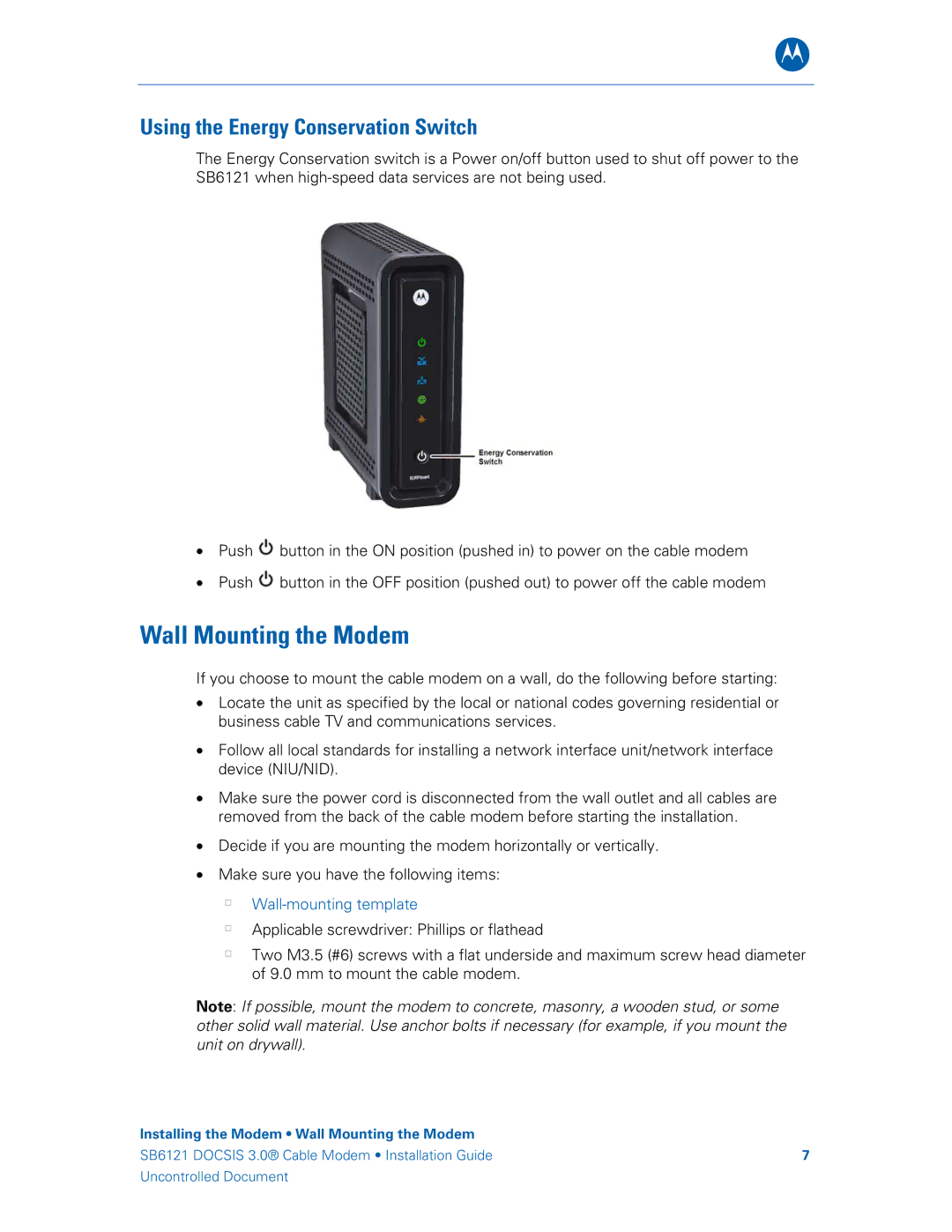 Motorola 575319-019-00, SB6121 manual Wall Mounting the Modem, Using the Energy Conservation Switch 