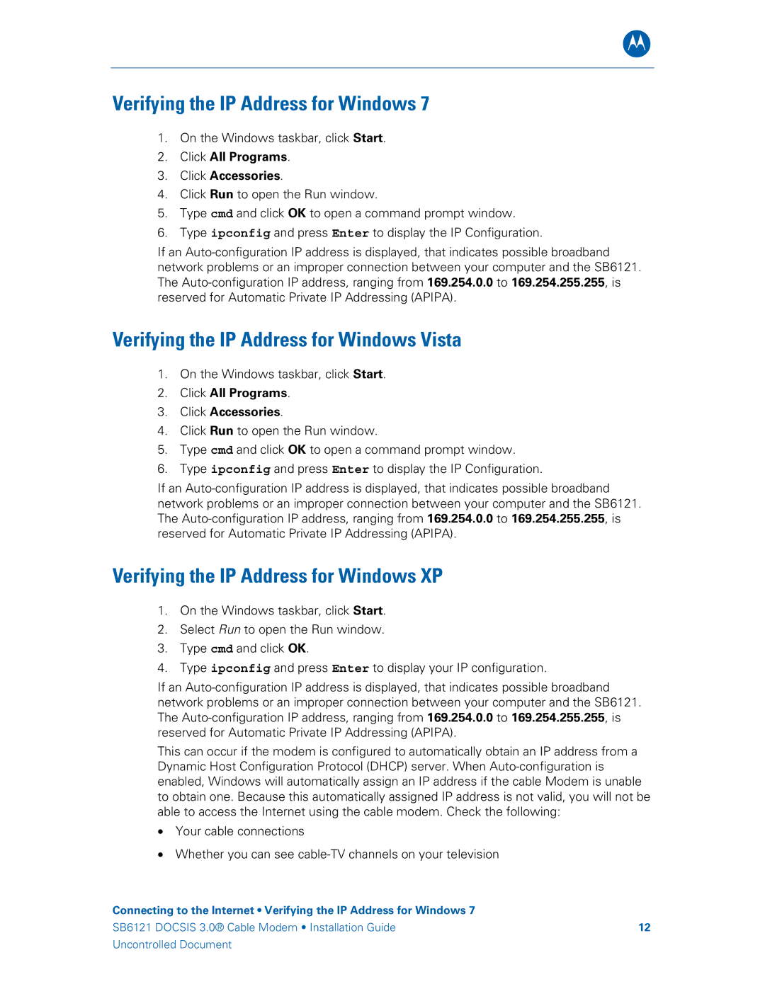 Motorola SB6121, 575319-019-00 Verifying the IP Address for Windows Vista, Verifying the IP Address for Windows XP 