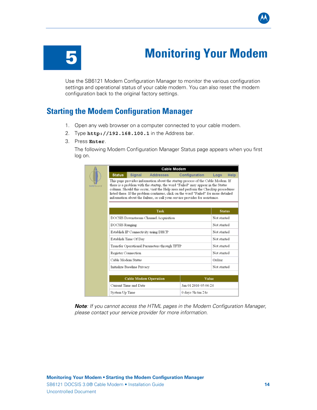 Motorola SB6121, 575319-019-00 manual Monitoring Your Modem, Starting the Modem Configuration Manager 