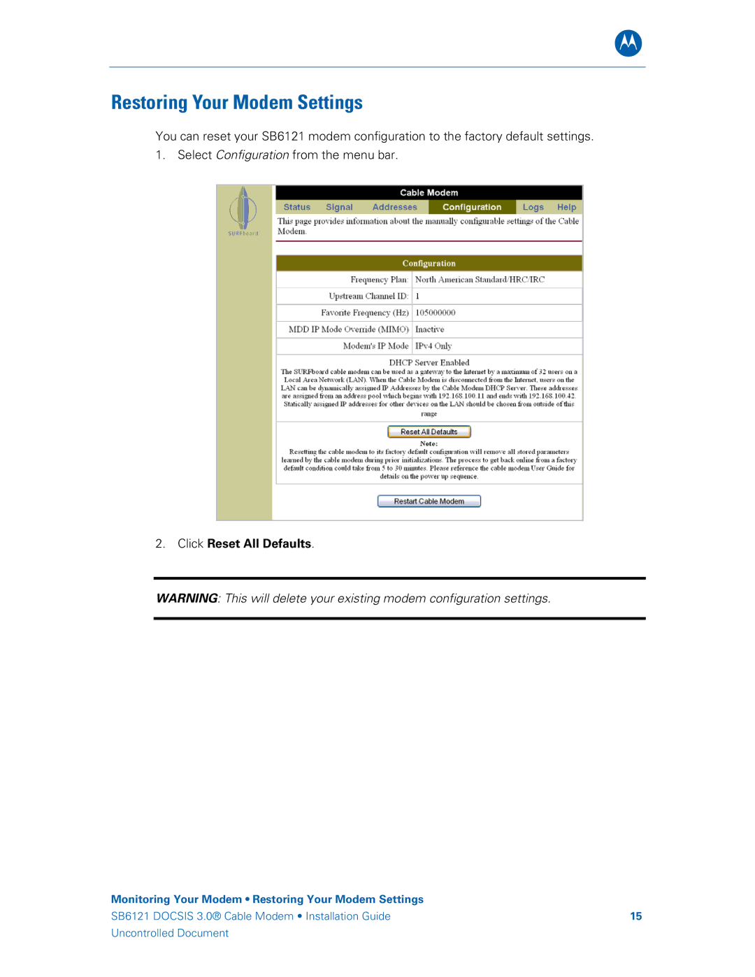 Motorola 575319-019-00, SB6121 manual Restoring Your Modem Settings, Click Reset All Defaults 