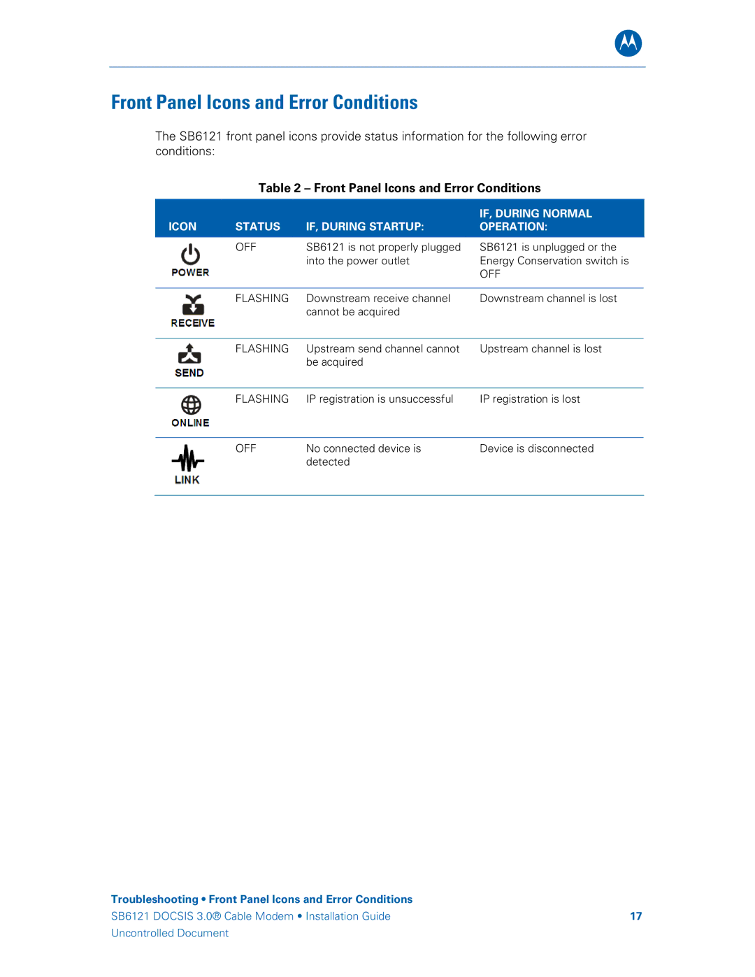 Motorola 575319-019-00, SB6121 manual Front Panel Icons and Error Conditions 